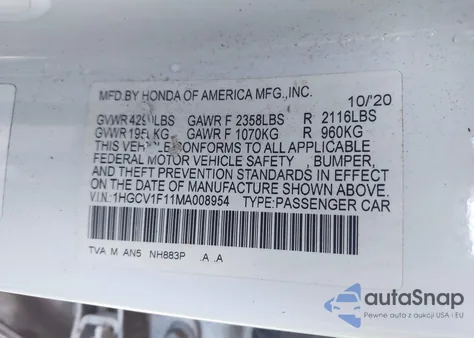 2021 Honda Accord Lx z USA, uszkodzony, nr VIN 1HGCV1F11MA008954